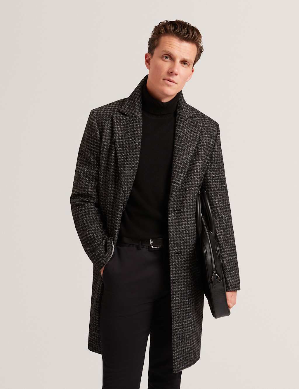 Ted Baker Relaxed Houndstooth Knitted Coat with Wool Black