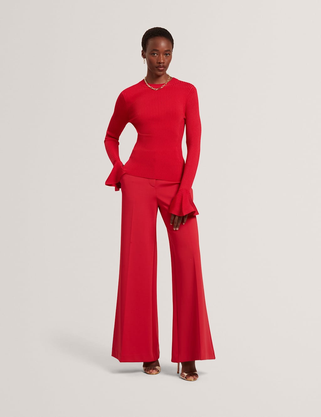 Ted Baker Ribbed Flute Sleeve Fitted Knitted Top Dark Red