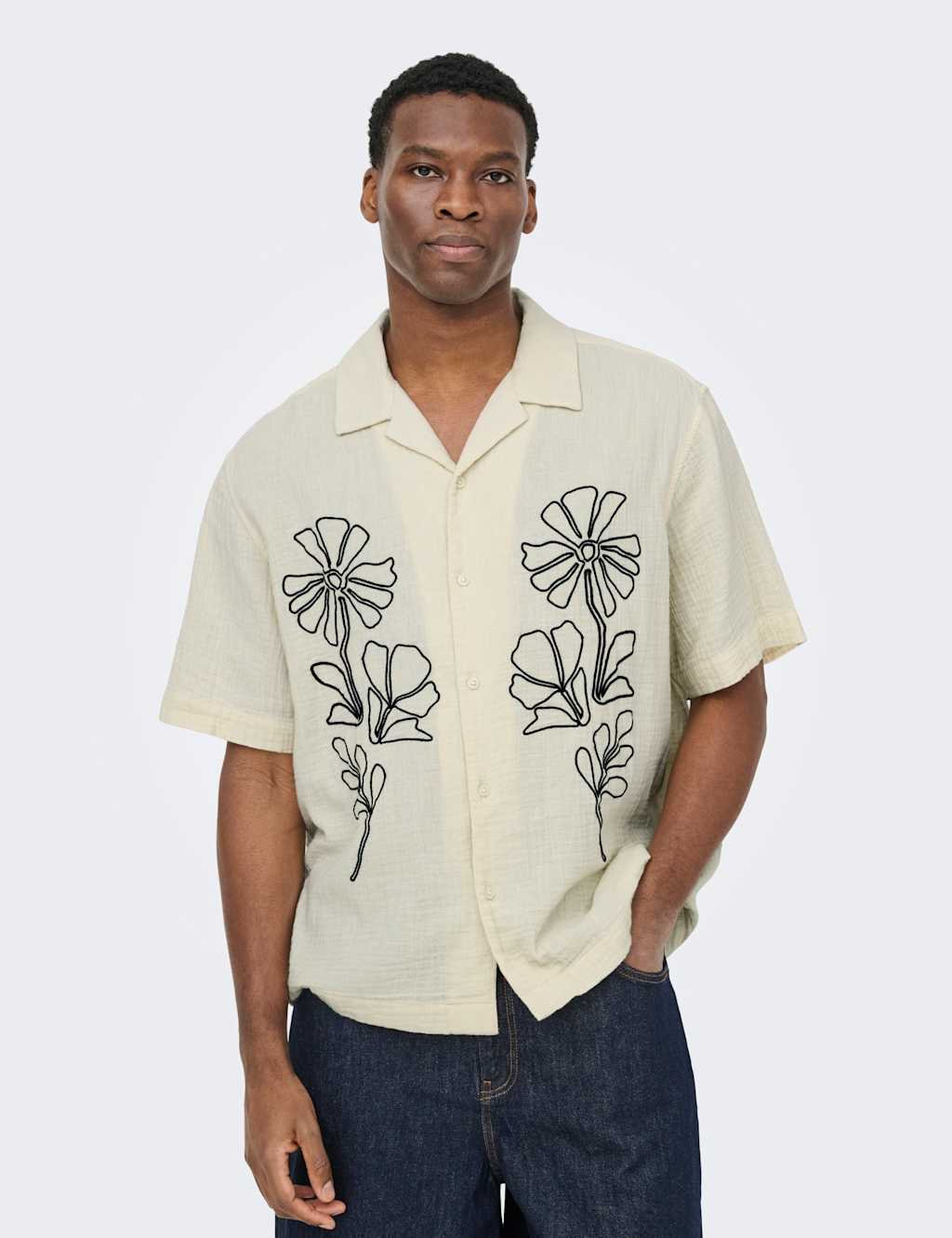 Only & Sons Men's Relaxed Fit Pure Cotton Embroidered Shirt - S - White Mix - Available at M&S