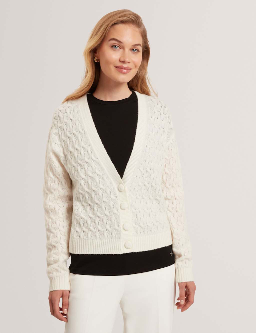 Ted Baker Wool Rich Textured V-Neck Cardigan Ivory