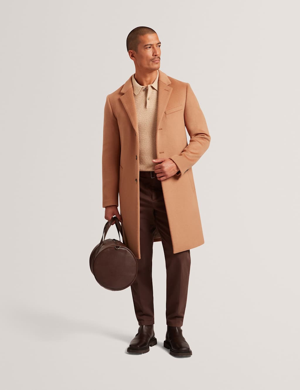 Ted Baker Wool Rich Slim Overcoat Tan