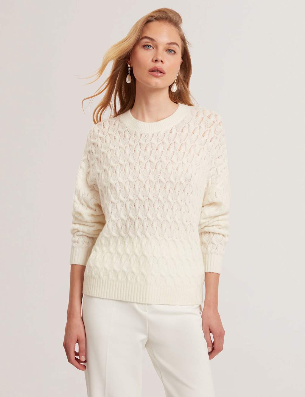 Ted Baker Wool Rich Pointell Crew Neck Jumper Ivory