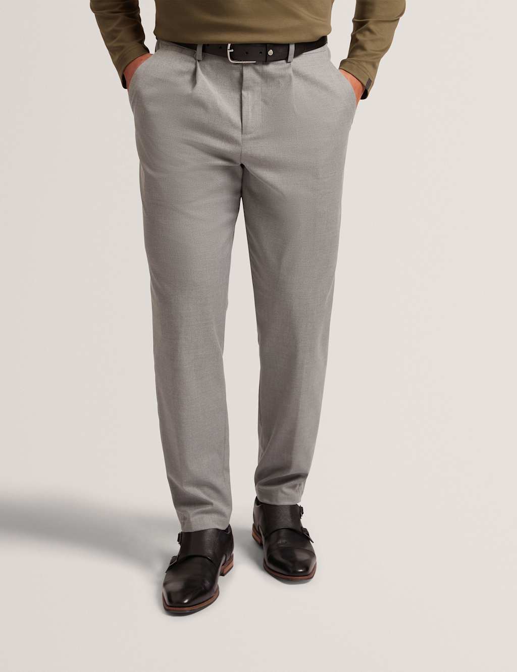 Ted Baker Tapered Fit Single Pleat Trousers Light Grey