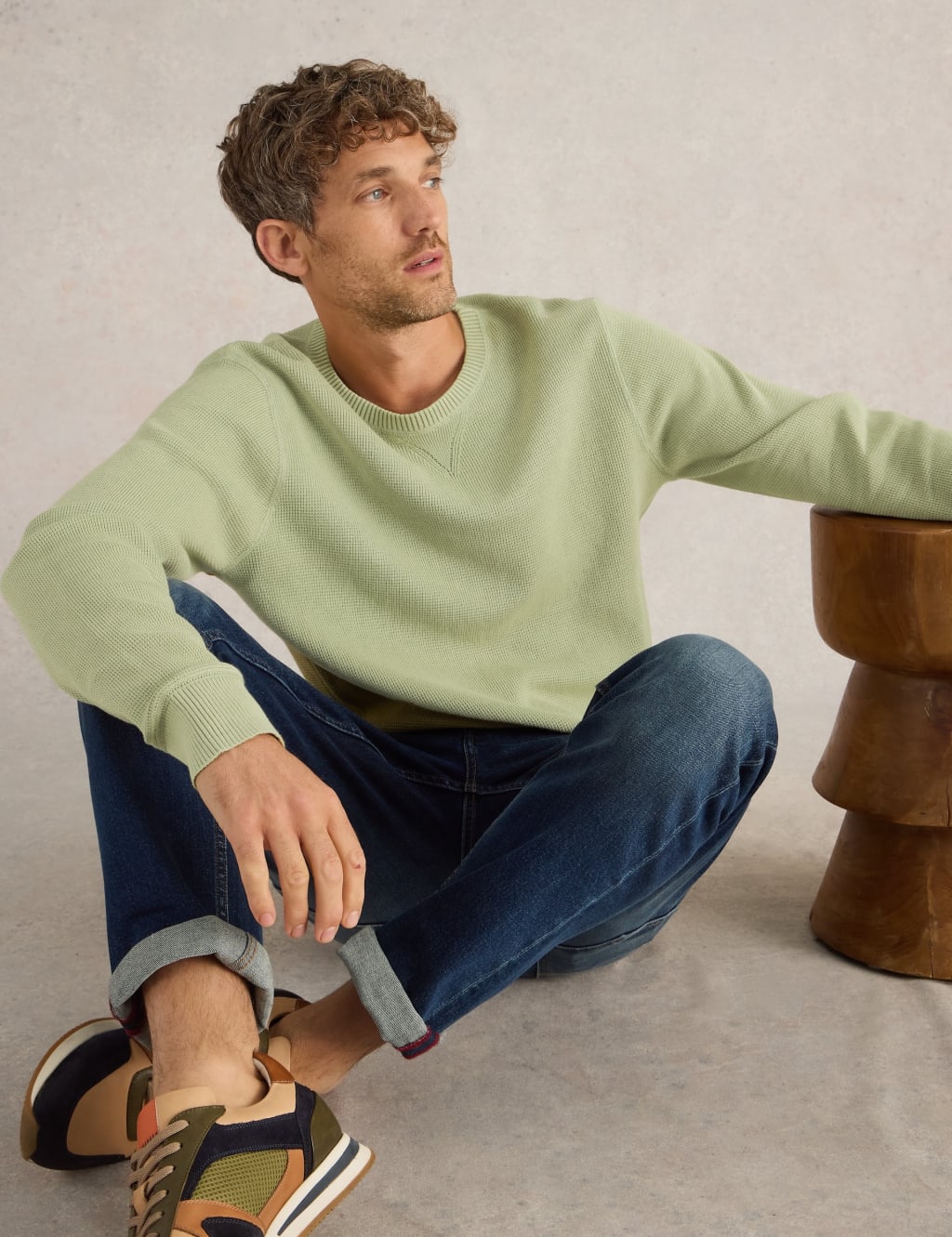 Pure Cotton Textured Crew Neck Jumper