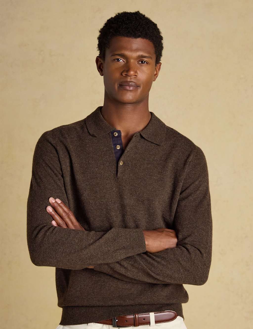 Joules Wool Rich Knitted Polo Shirt Brown