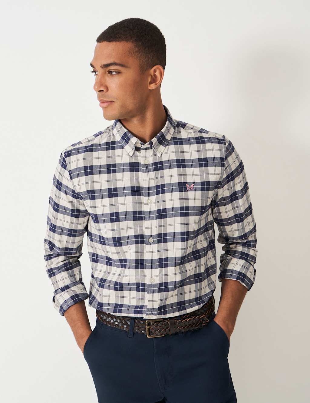 Crew Clothing Regular Fit Pure Cotton Checked Oxford Shirt Navy Mix