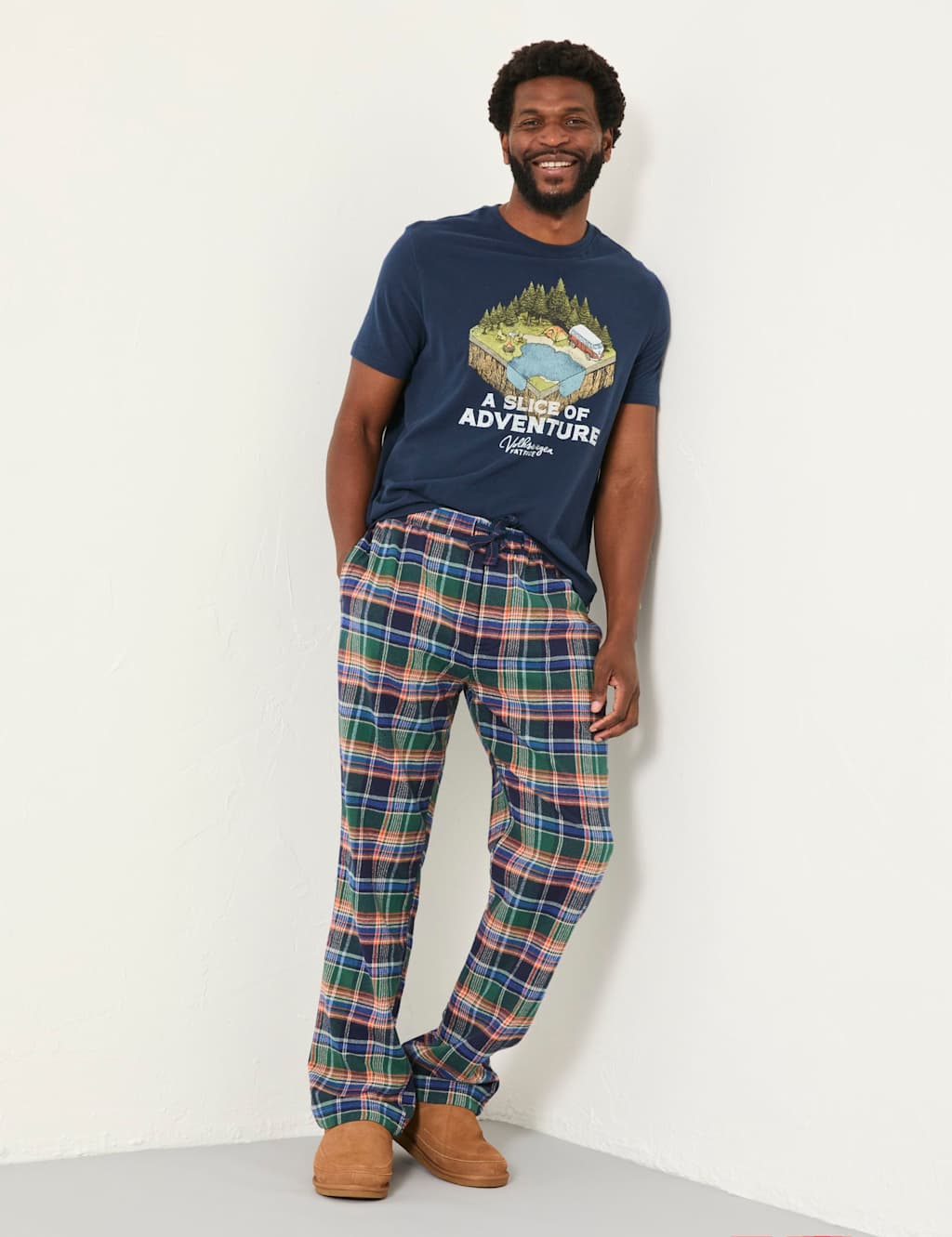 FatFace Pure Cotton Checked Pyjama Bottoms Blue Mix