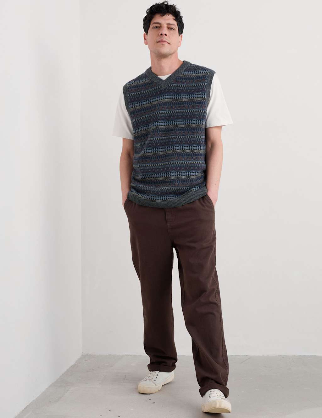 Seasalt Cornwall Wool Rich Patterned V-Neck Knitted Vest Blue Mix