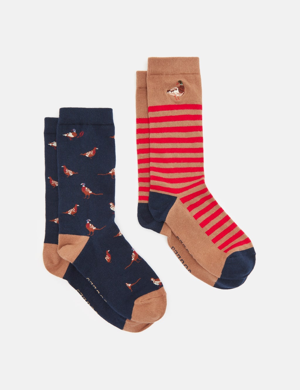 Joules 2 Pack Striped & Bird Cotton Rich Socks Tan