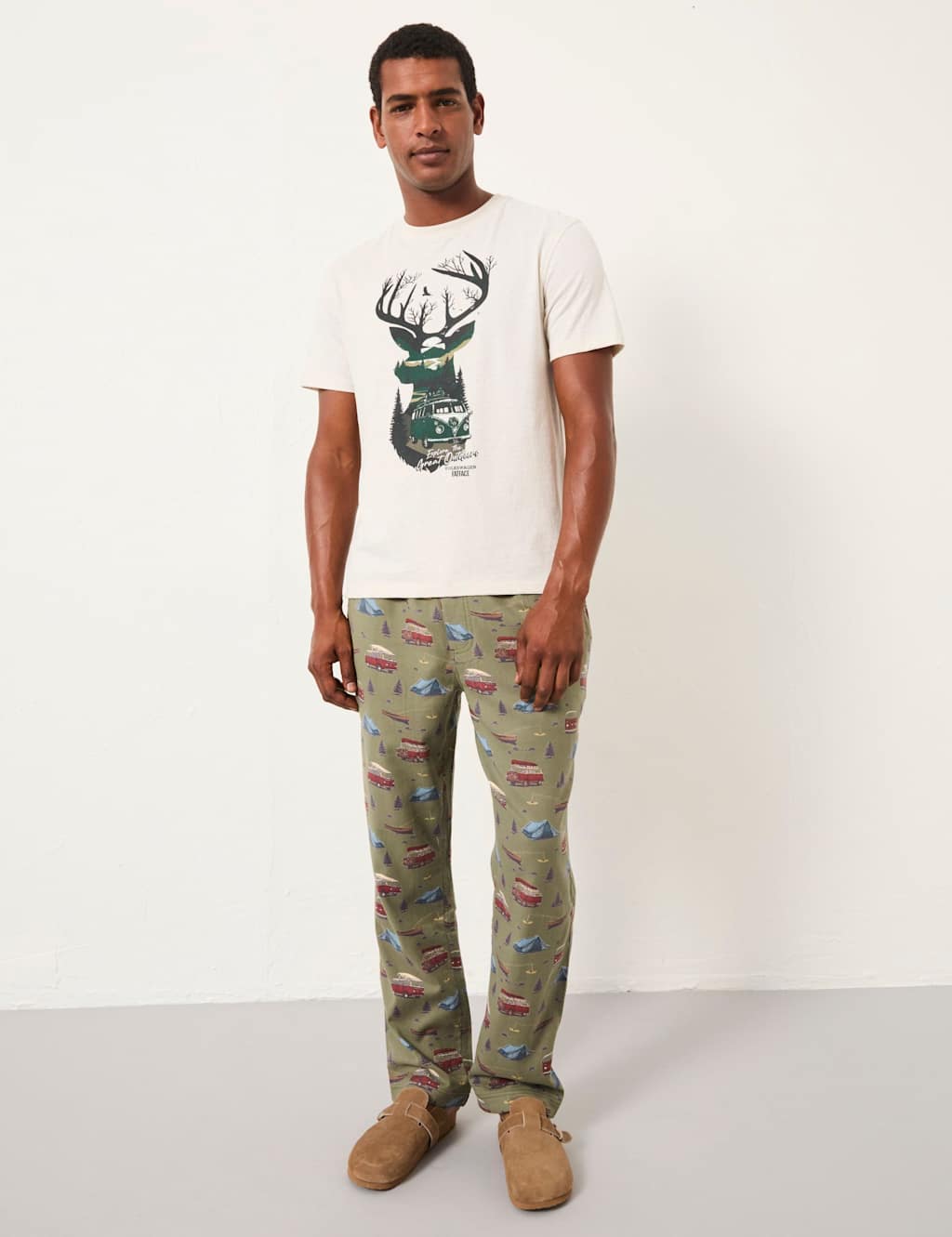 FatFace Pure Cotton Camper Van Pyjama Bottoms Green Mix