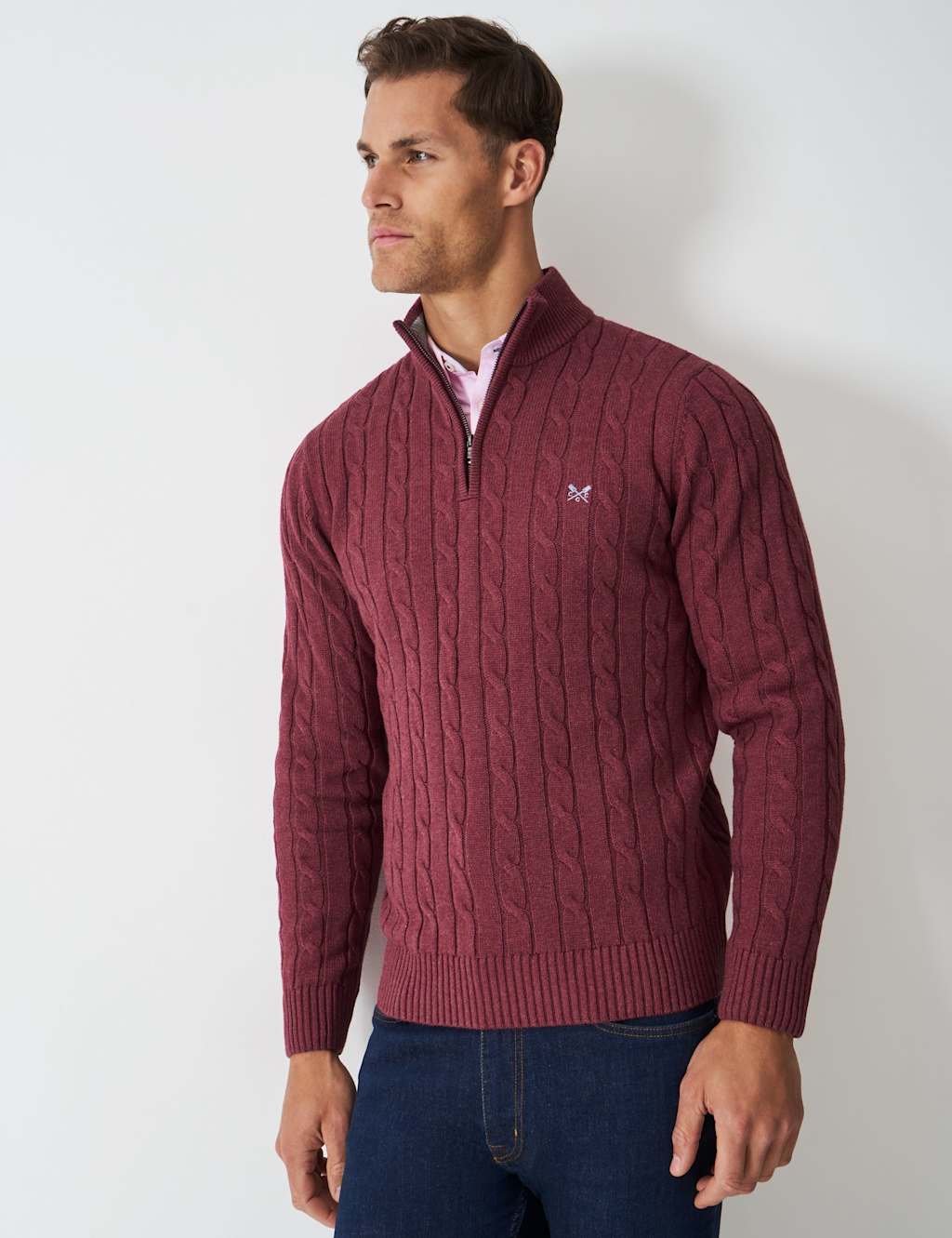Crew Clothing Pure Cotton Cable Knit Half Zip Jumper Burgundy