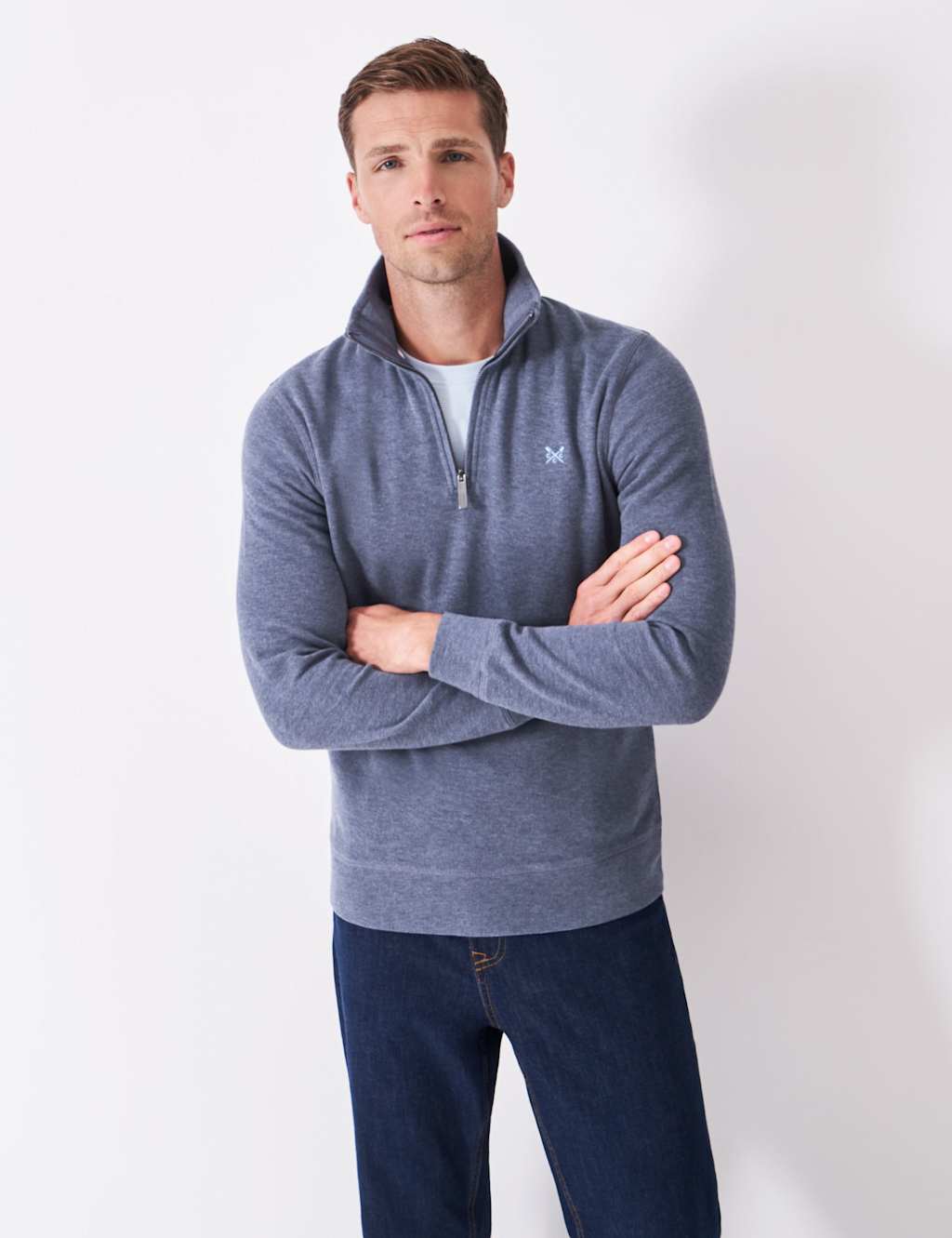 Crew Clothing Pure Cotton Ribbed Half Zip Jumper Blue Marl