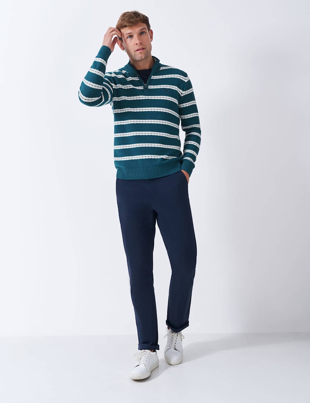 Crew Clothing Pure Cotton Rope Cable Half Zip Jumper Blue Mix