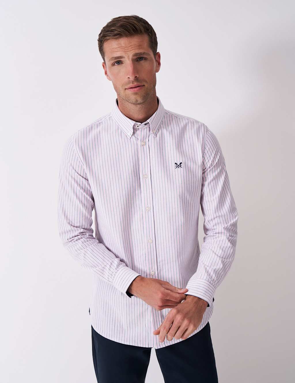 Crew Clothing Slim Fit Pure Cotton Striped Oxford Shirt Light Pink Mix