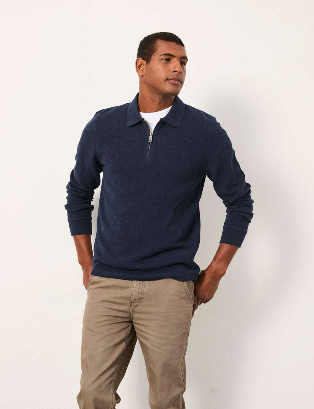 FatFace Cotton Rich Zip Up Long Sleeve Polo Shirt Navy
