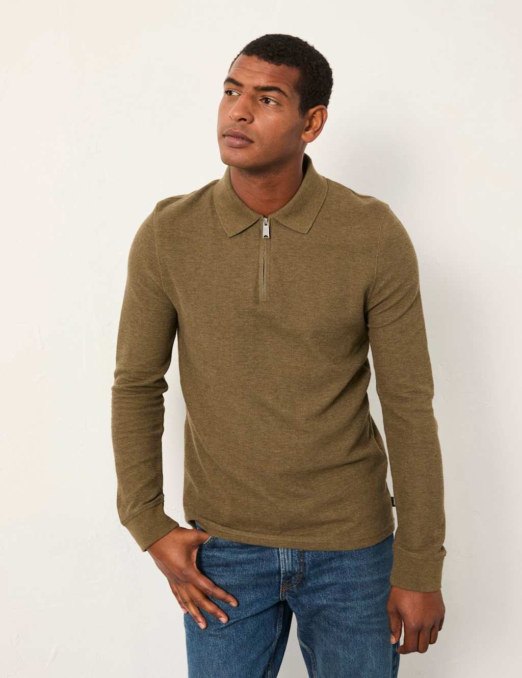 FatFace Cotton Rich Zip Up Long Sleeve Polo Shirt Khaki