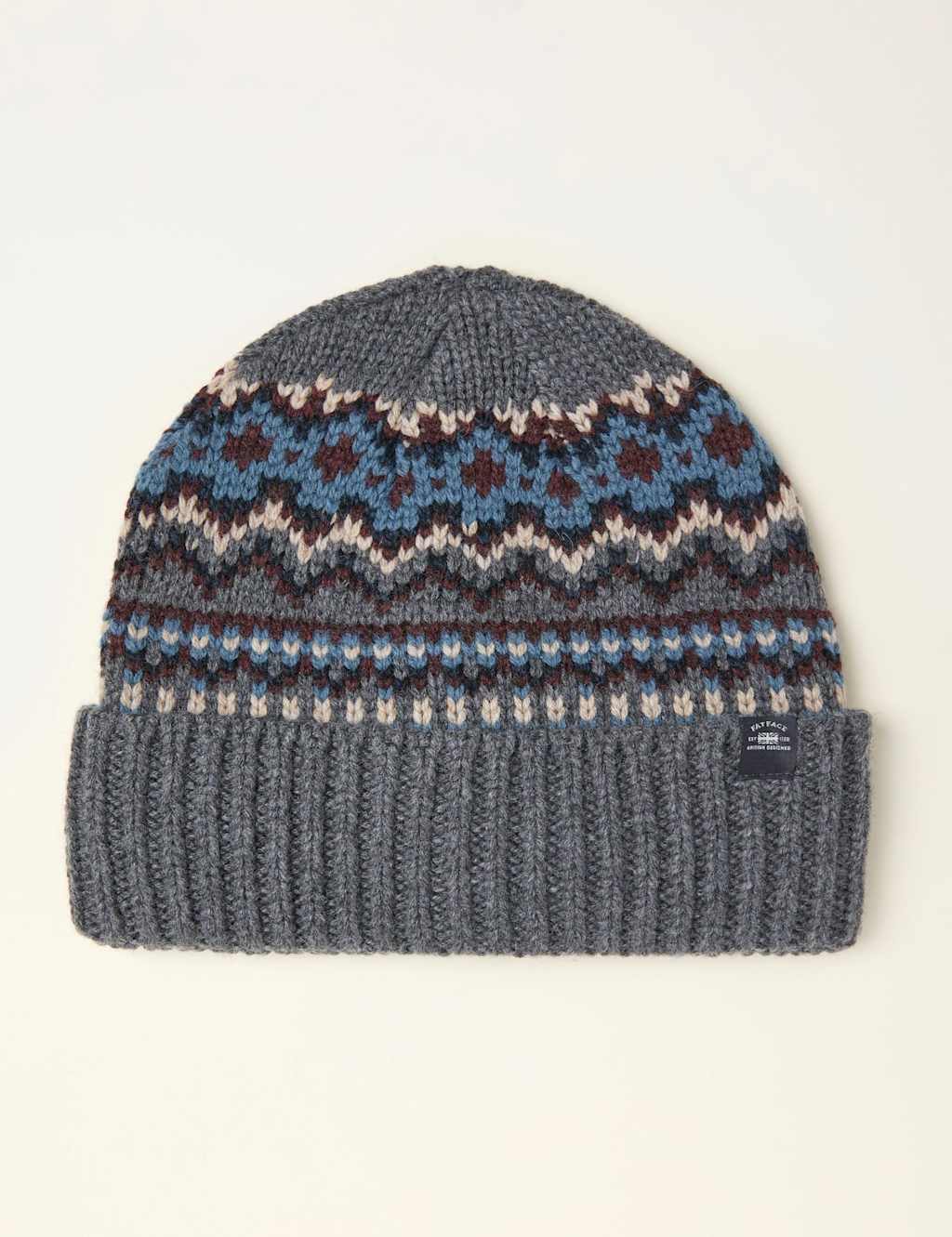 FatFace Wool Blend Fair Isle Knitted Beanie Hat Grey Mix