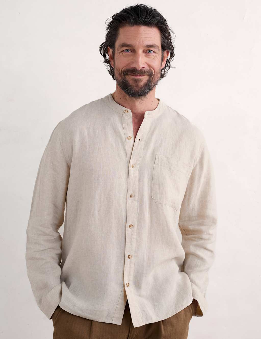 Pure Linen Grandad Collar Shirt