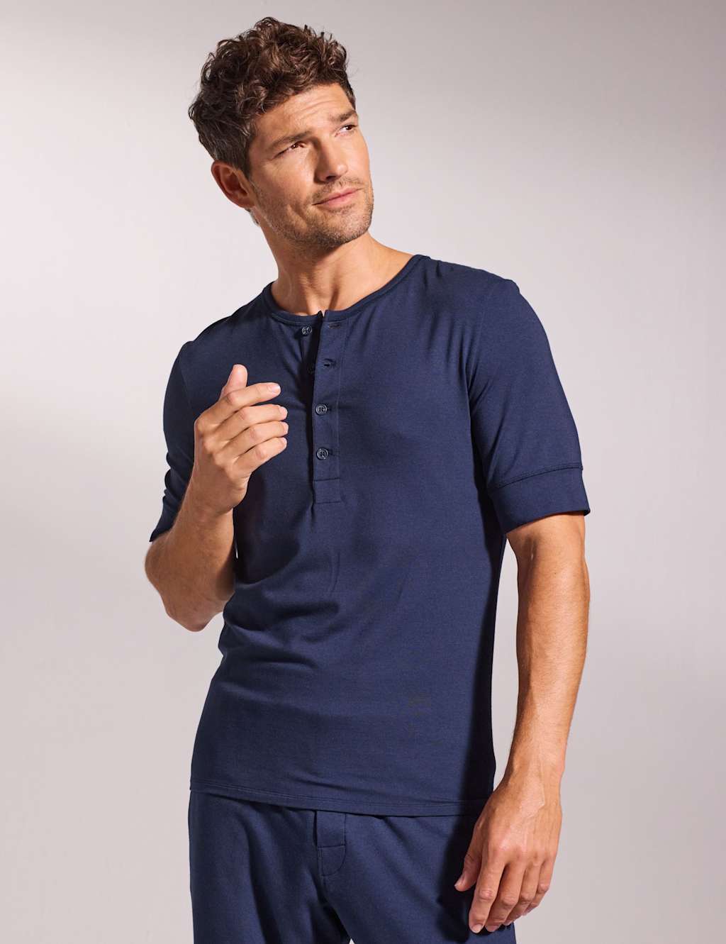 David Gandy Wellwear Men's Premium Cotton Modal Henley Pyjama Tee - M - Navy - Available at M&S