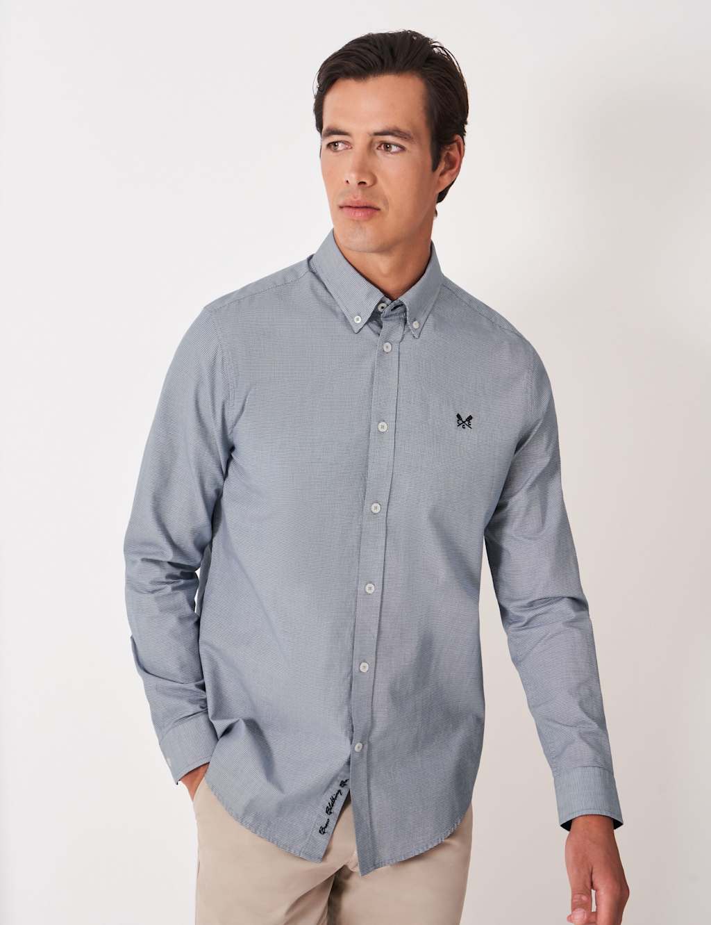 Crew Clothing Pure Cotton Puppytooth Oxford Shirt Dark Blue