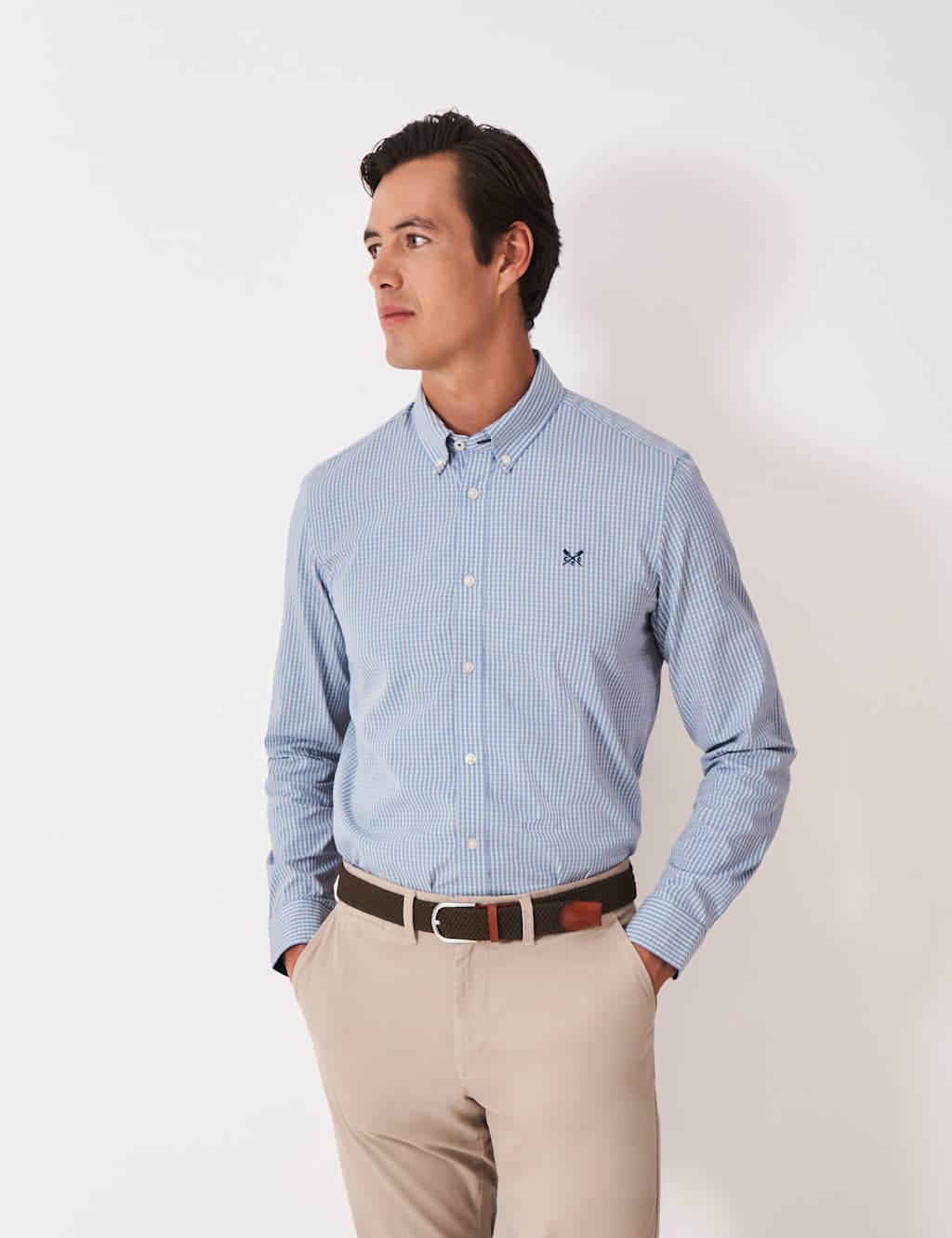 Crew Clothing Slim Fit Poplin Checked Oxford Shirt Light Blue Mix