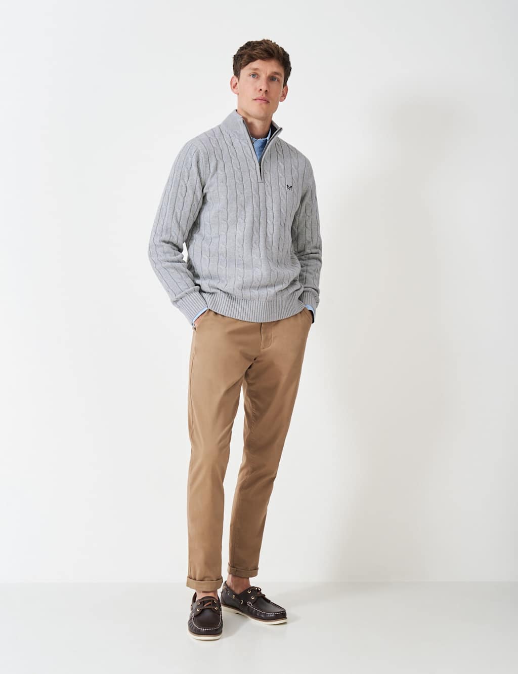 Crew Clothing Pure Cotton Cable Knit Half Zip Jumper Medium Grey