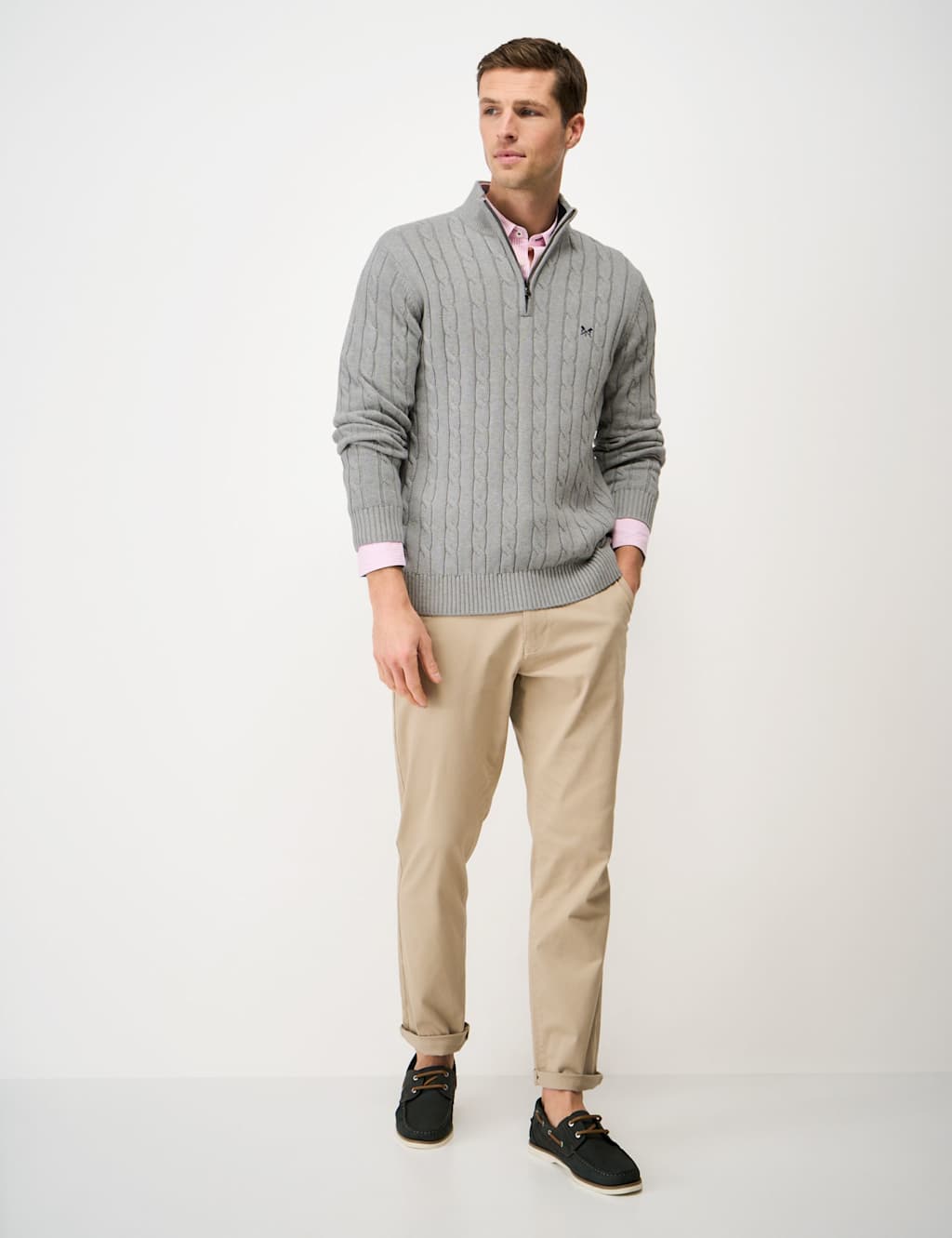 Crew Clothing Men's Pure Cotton Cable Knit Half Zip Jumper - XL - Grey Marl - Available at M&S