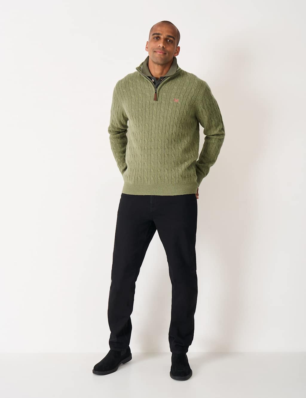 Crew Clothing Lambswool Rich Cable Half Zip Jumper Green