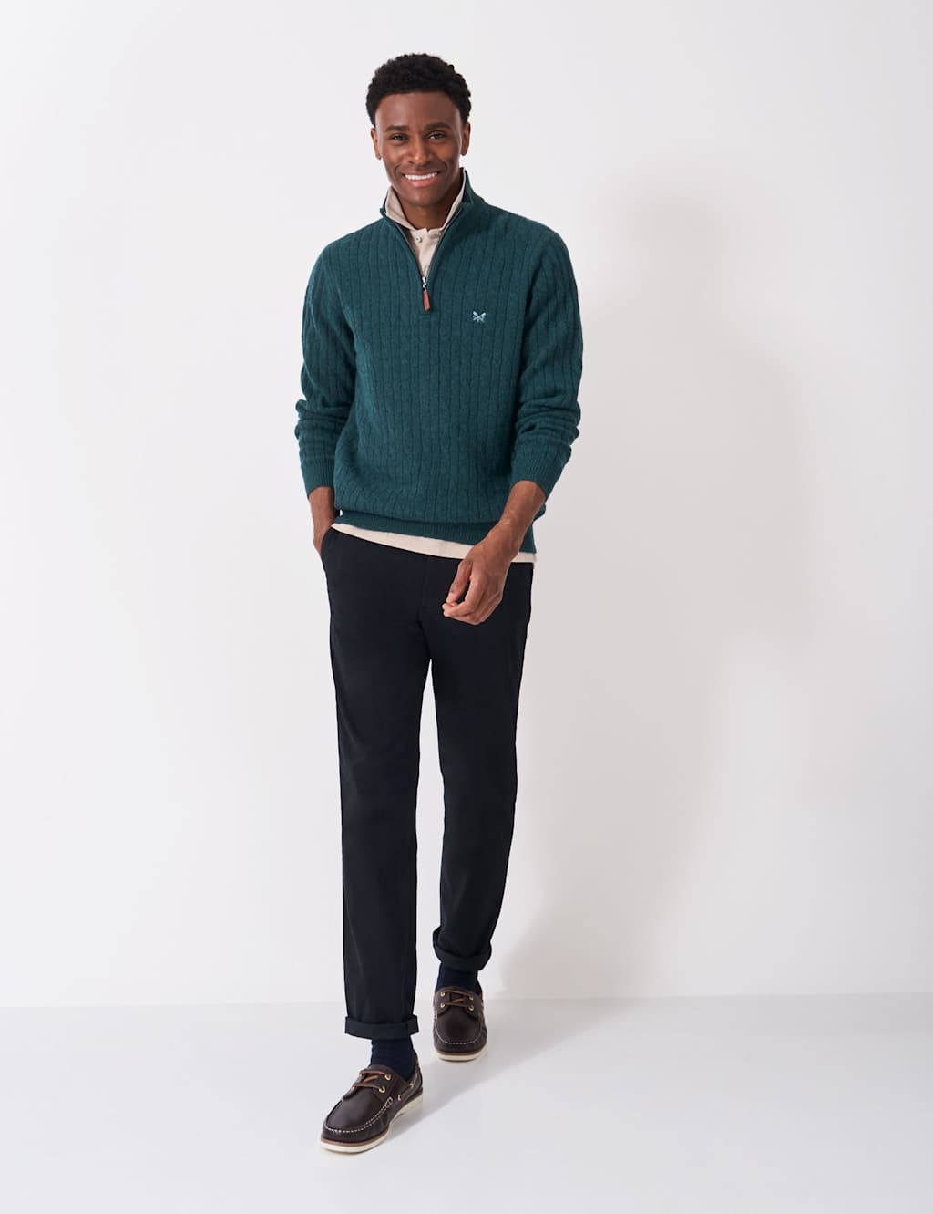 Crew Clothing Lambswool Rich Cable Half Zip Jumper Dark Green