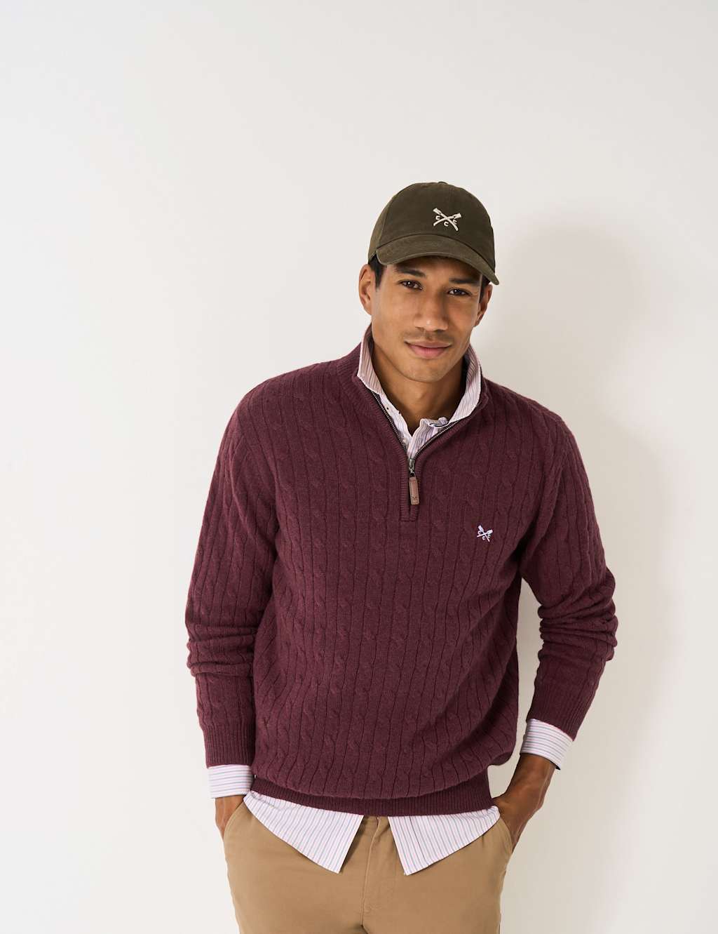 Crew Clothing Lambswool Rich Cable Half Zip Jumper Burgundy