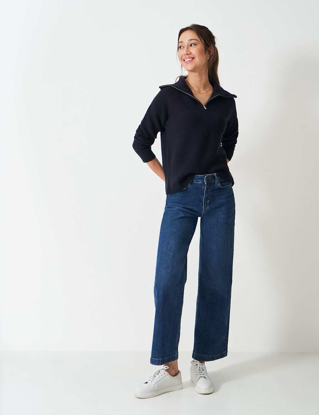 Crew Clothing Merino Wool Rich Textured Zip Collar Jumper Navy