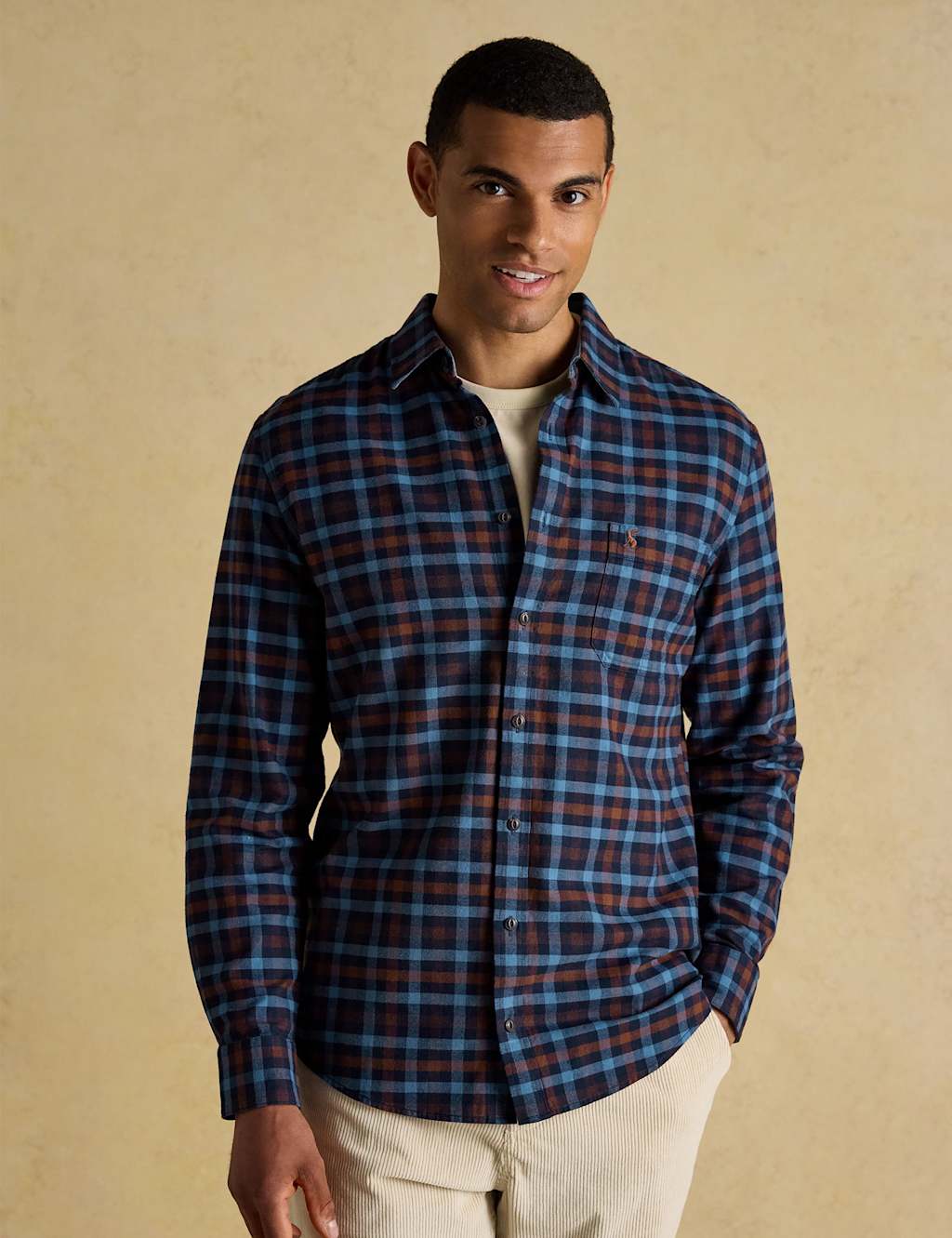 Joules Regular Fit Brushed Cotton Flannel Shirt Brown Mix