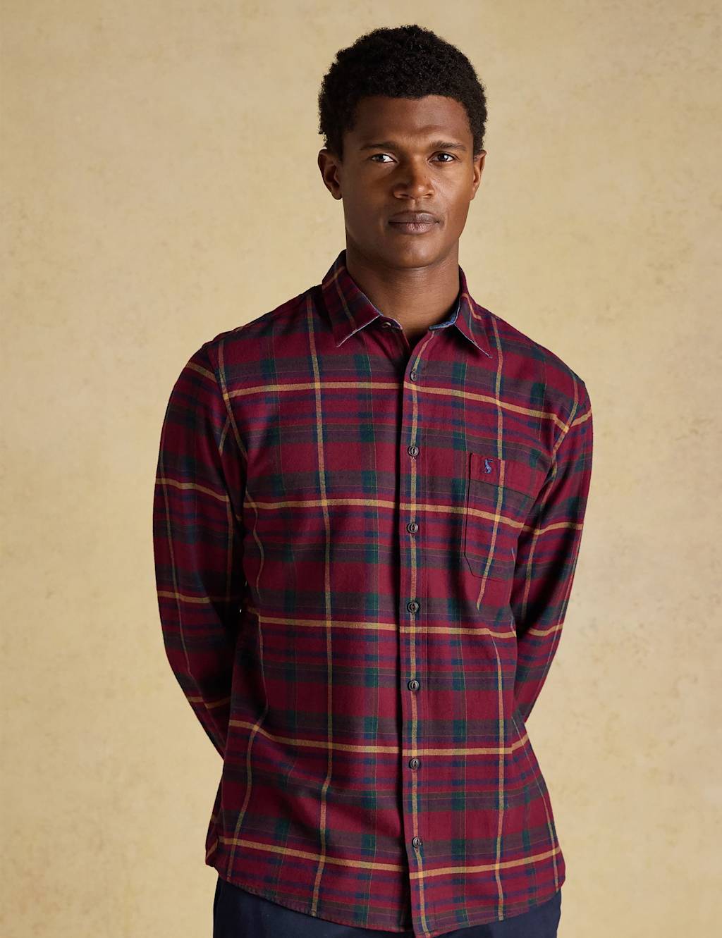 Joules Regular Fit Brushed Cotton Flannel Shirt Burgundy Mix