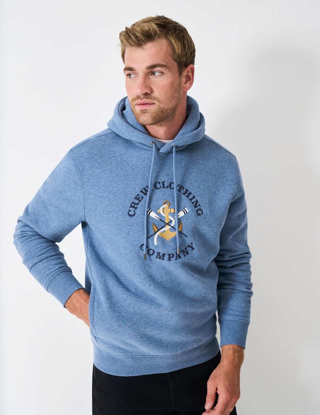 Crew Clothing Cotton Rich Embroidered Graphic Hoodie Blue Marl