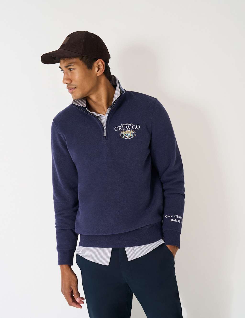 Crew Clothing Cotton Rich Embroidered Half Zip Jumper Blue Marl