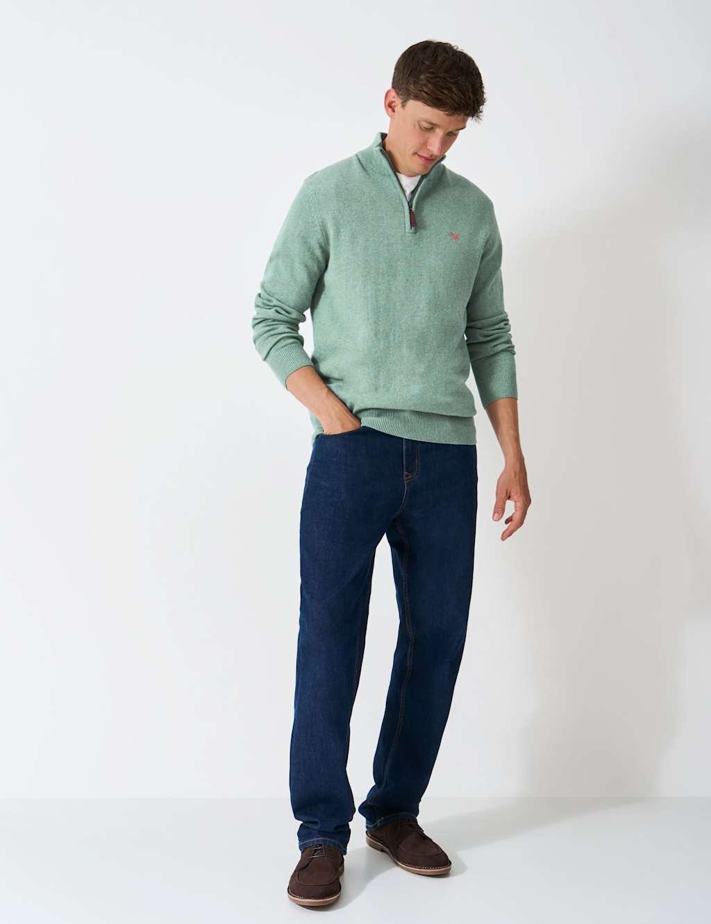 Crew Clothing Pure Cotton Half Zip Jumper Turquoise