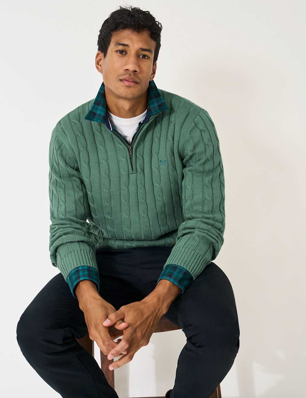 Crew Clothing Pure Cotton Cable Knit Half Zip Jumper Sage