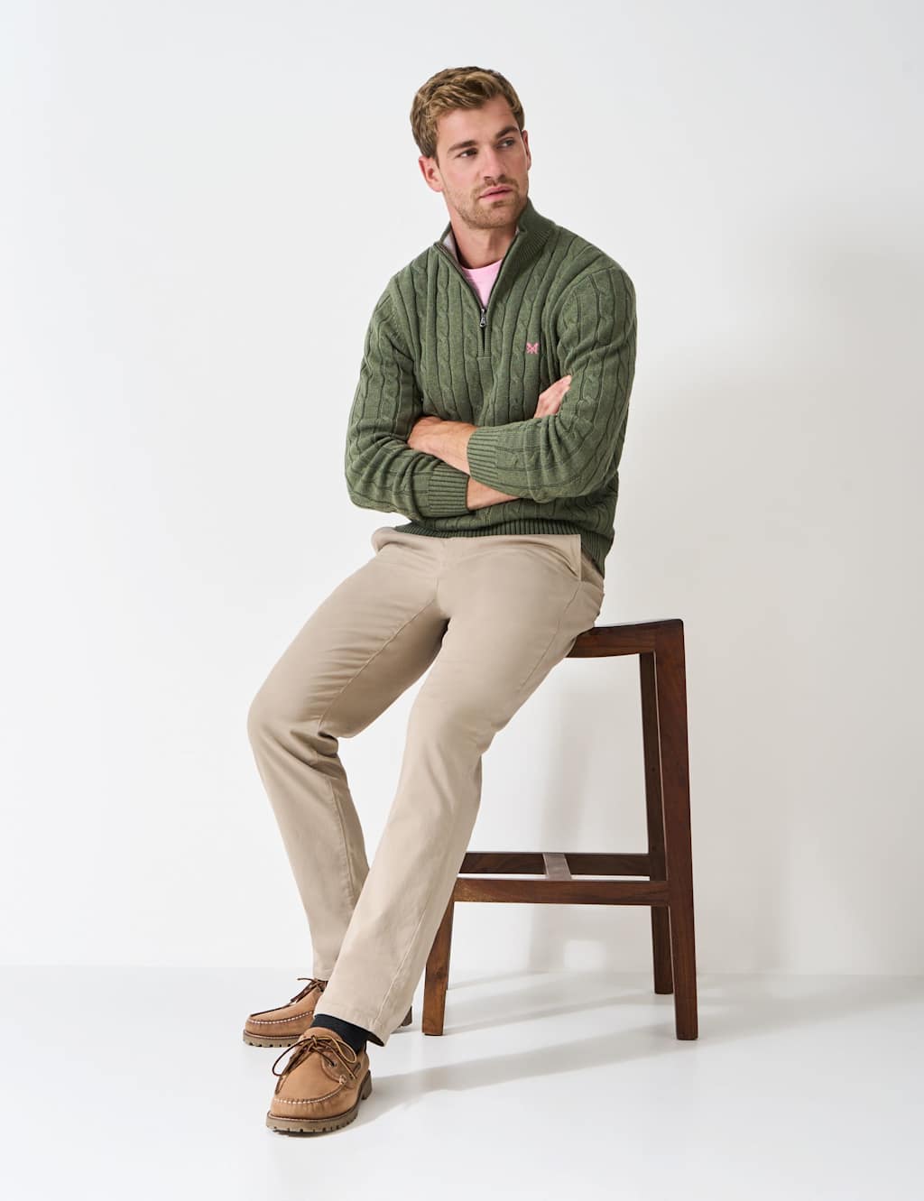 Crew Clothing Pure Cotton Cable Knit Half Zip Jumper Green