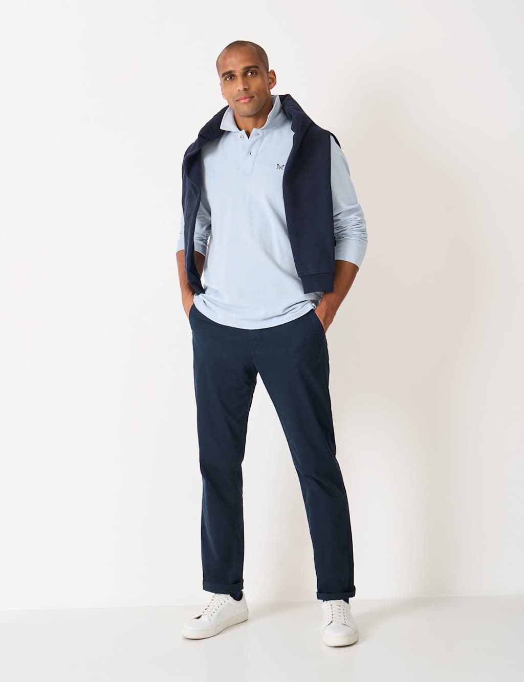 Crew Clothing Cotton Rich Pique Long Sleeve Polo Shirt Light Blue