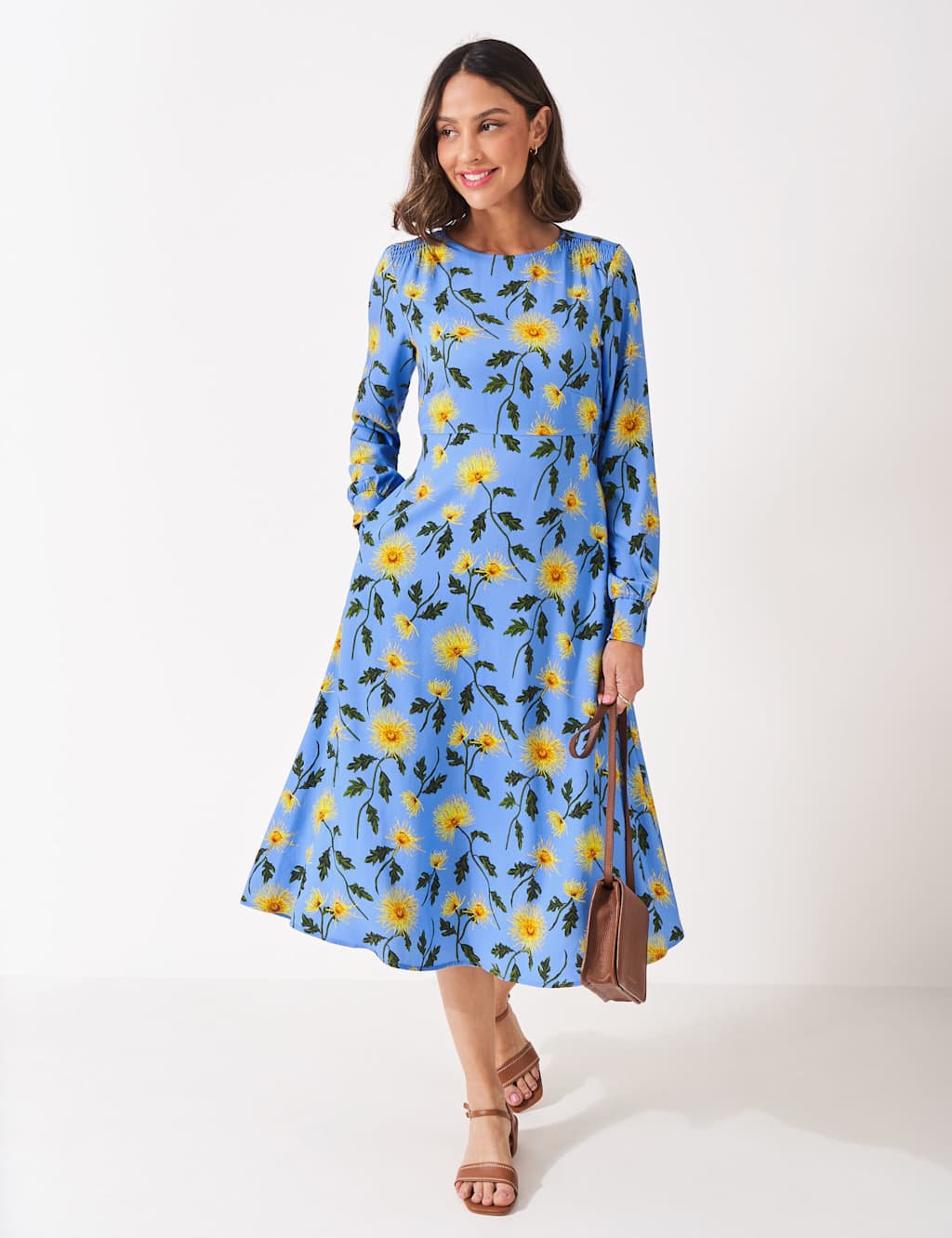 Crew Clothing Floral Shirred Round Neck Midi Tea Dress Blue Mix