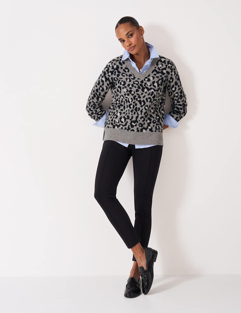 Crew Clothing Leopard Print V-Neck Jumper Brown Mix