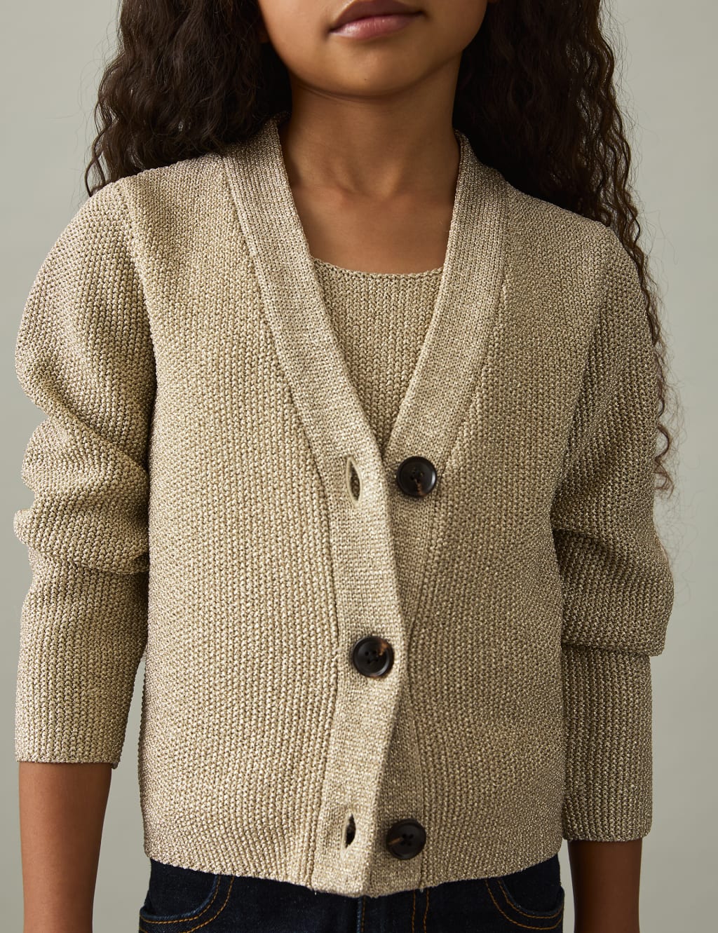 Reiss Girls Sparkly Knitted V-Neck Cardigan (4-14 Yrs) - 8-9 Y - Gold, Gold