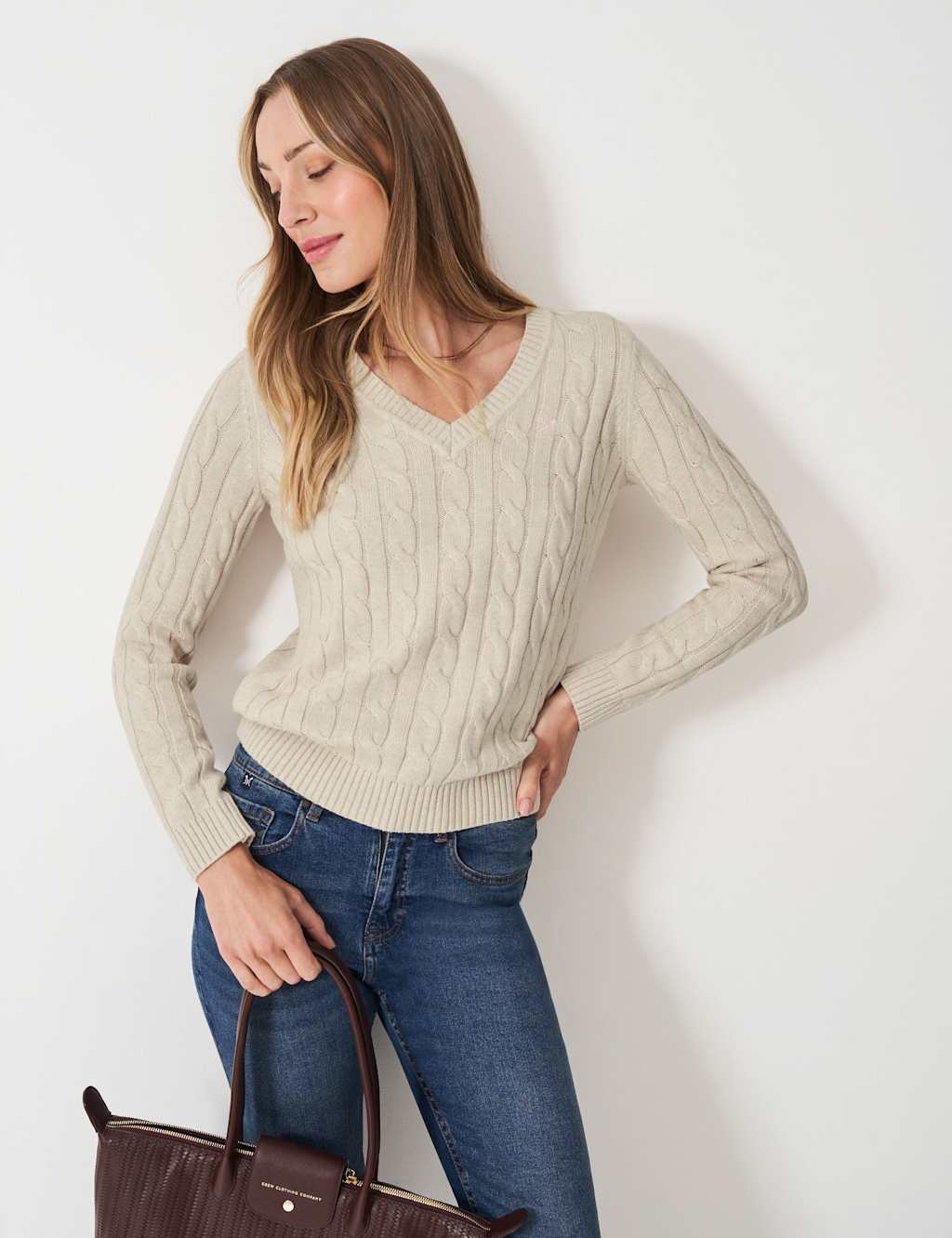 Crew Clothing Cotton Rich Cable Knit V-Neck Jumper Oatmeal