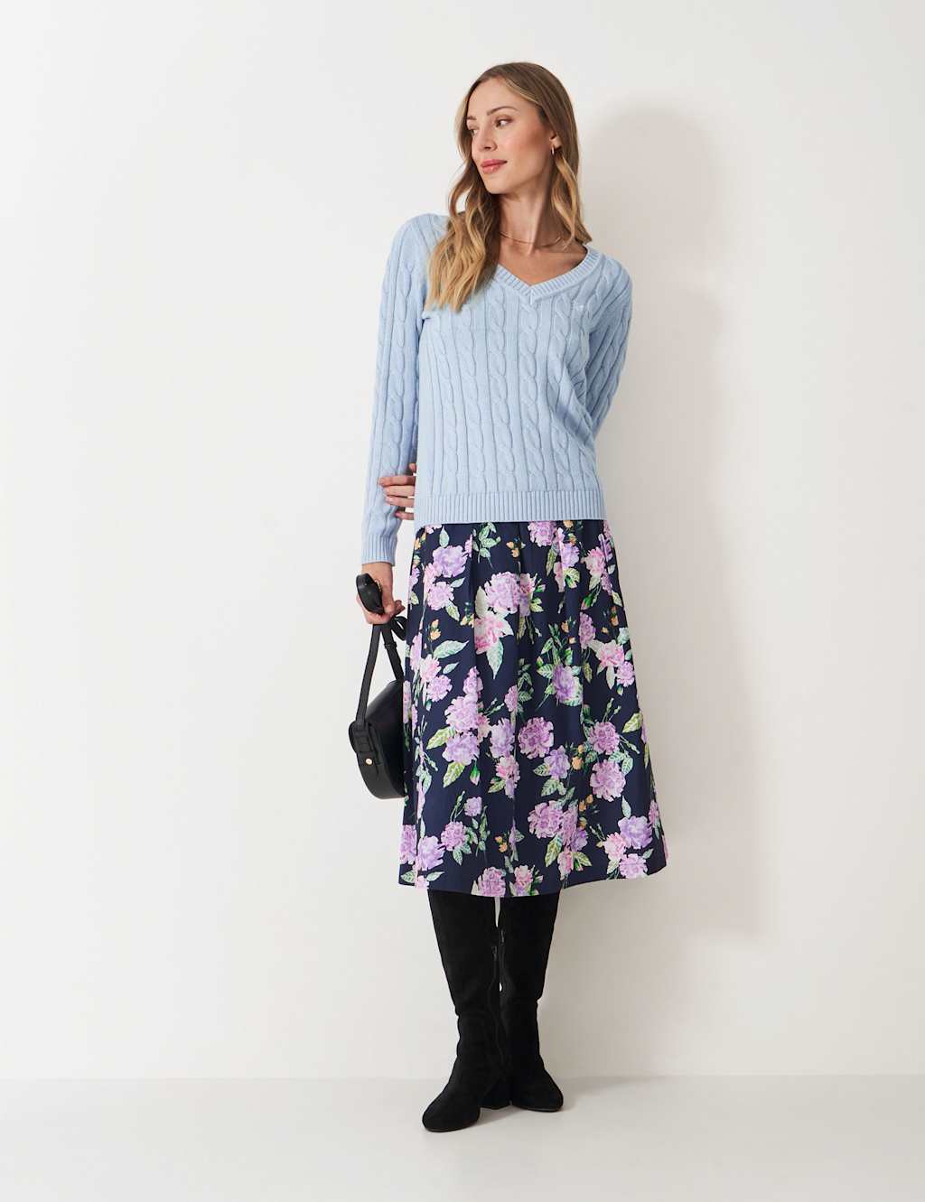 Crew Clothing Cotton Rich Cable Knit V-Neck Jumper Blue Marl