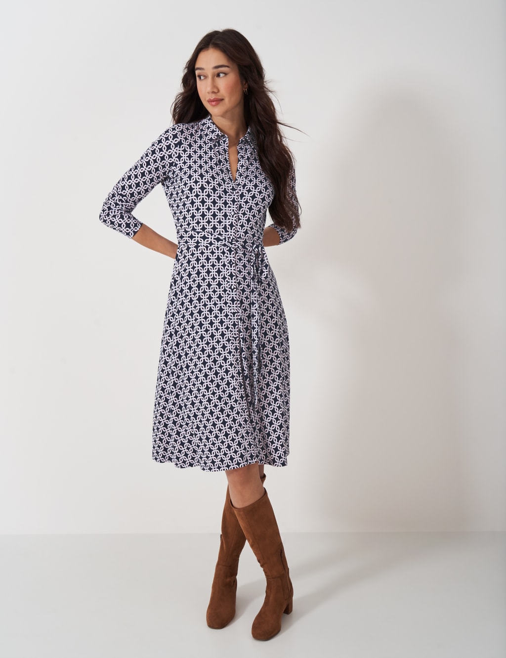 Jersey Geometric Tie Waist Shirt Dress