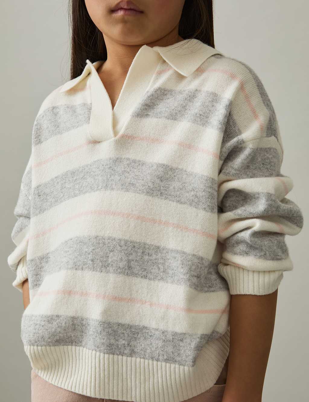 Reiss Girls Wool Blend Striped Collared Jumper (4-14 Yrs) - 8-9 Y - Grey Mix, Grey Mix
