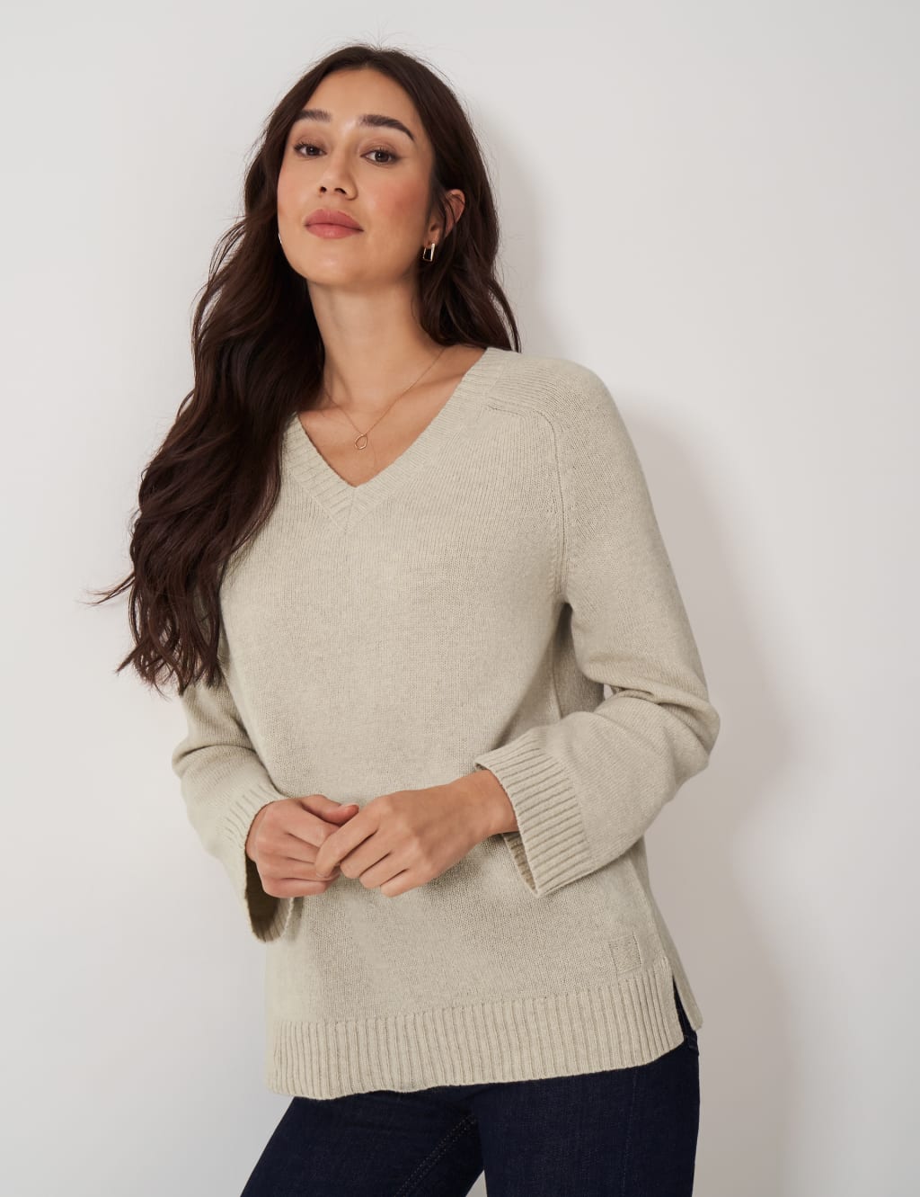 Merino Wool Rich V-Neck Split Hem Jumper