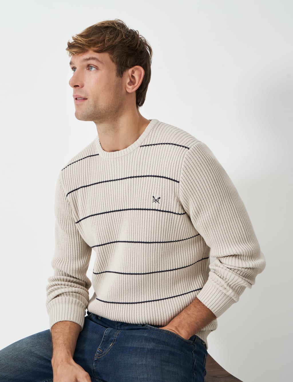 Pure Cotton Ribbed Striped Crew Neck Jumper