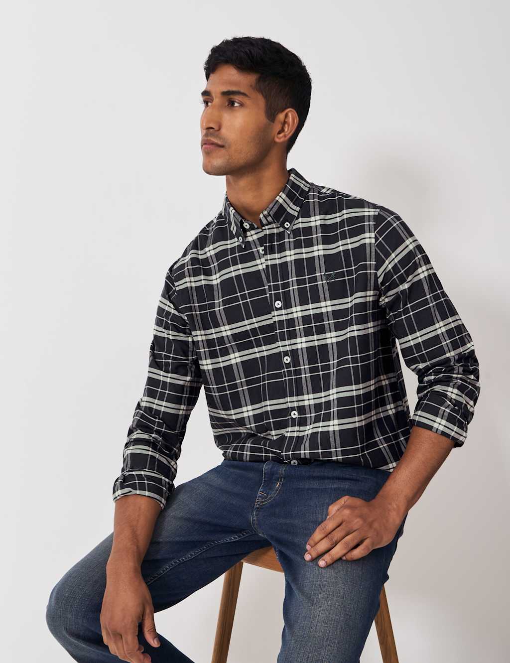 Crew Clothing Pure Cotton Check Oxford Shirt Charcoal Mix