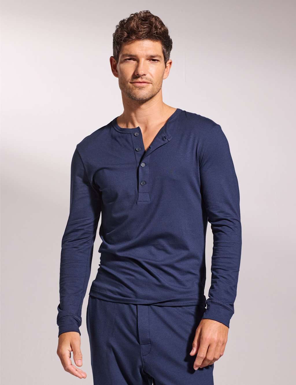David Gandy Wellwear Men's Premium Cotton Modal Long Sleeve Henley Pyjama Top - XL - Navy - Available at M&S